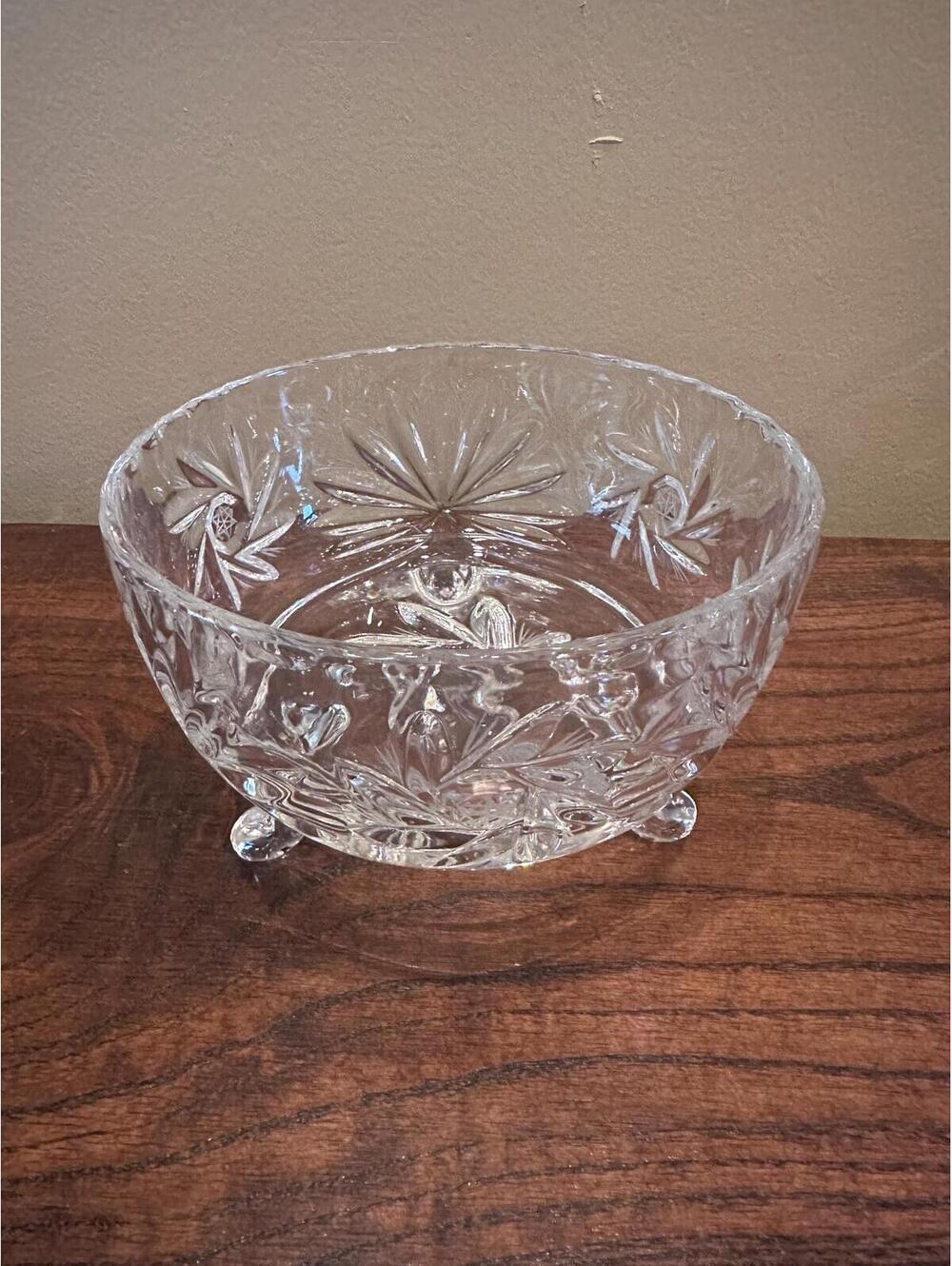 Vintage Footed Crystal Bowl With Pinwheel Pattern, Star of David Etched